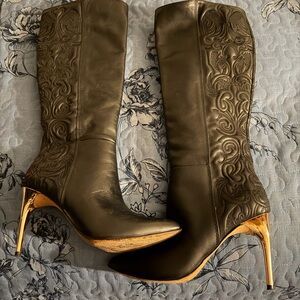 BCBGMaxAzria Black Boots with Gold Heels